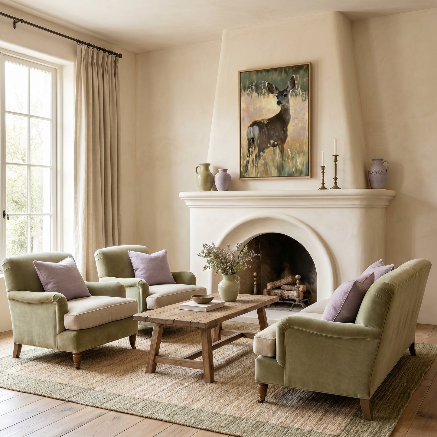 a cozy living room with a fireplace, two green armchairs, a wooden coffee table, and a painting of a deer on the wall.