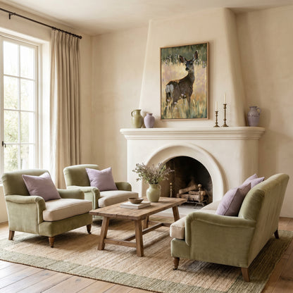 a cozy living room with a fireplace, two green armchairs, a wooden coffee table, and a painting of a deer on the wall.