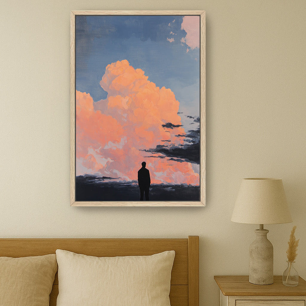 a serene bedroom scene with a bed, nightstand, and a framed painting of a person standing in front of a vibrant sky filled with clouds.