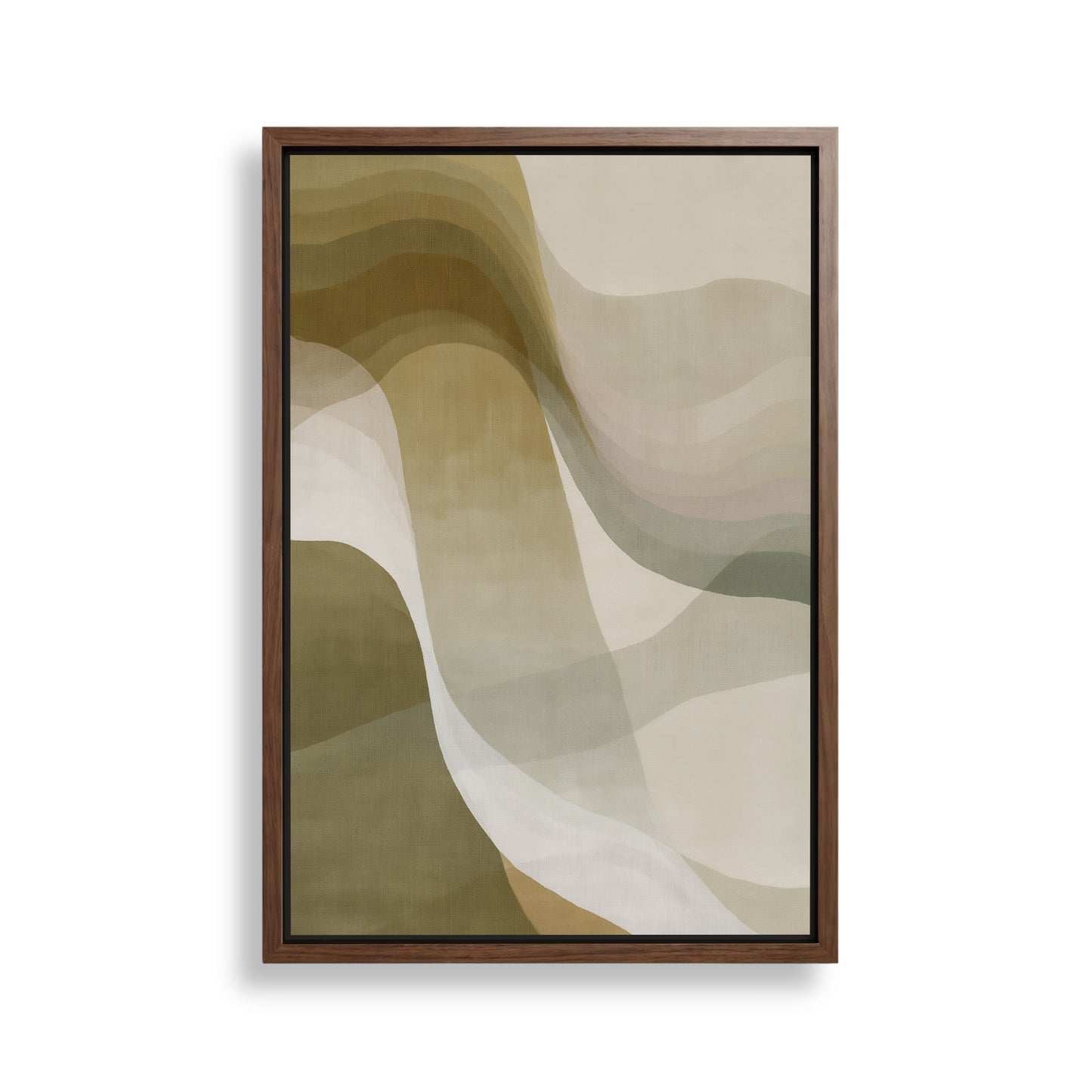 The image is a framed abstract artwork with a minimalist design featuring a series of overlapping curved lines in various shades of green, beige, and brown.