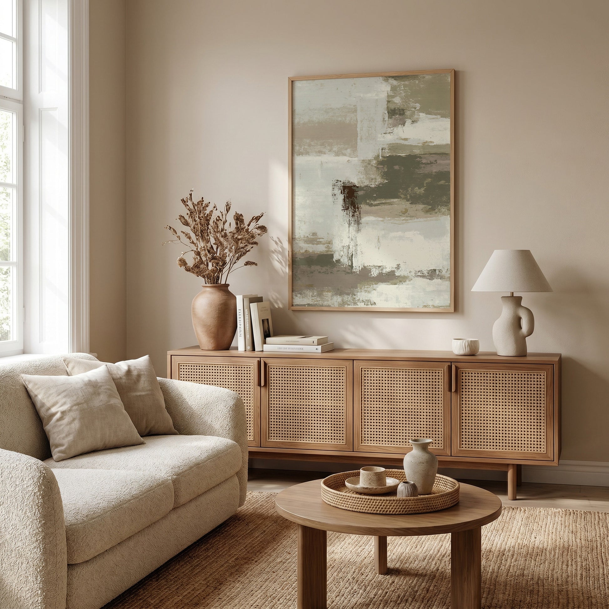 a cozy living room with a beige sofa, a wooden sideboard, and a large abstract painting on the wall.