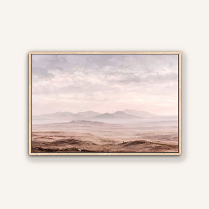 a vast, barren landscape with rolling hills and mountains in the distance, under a cloudy sky.