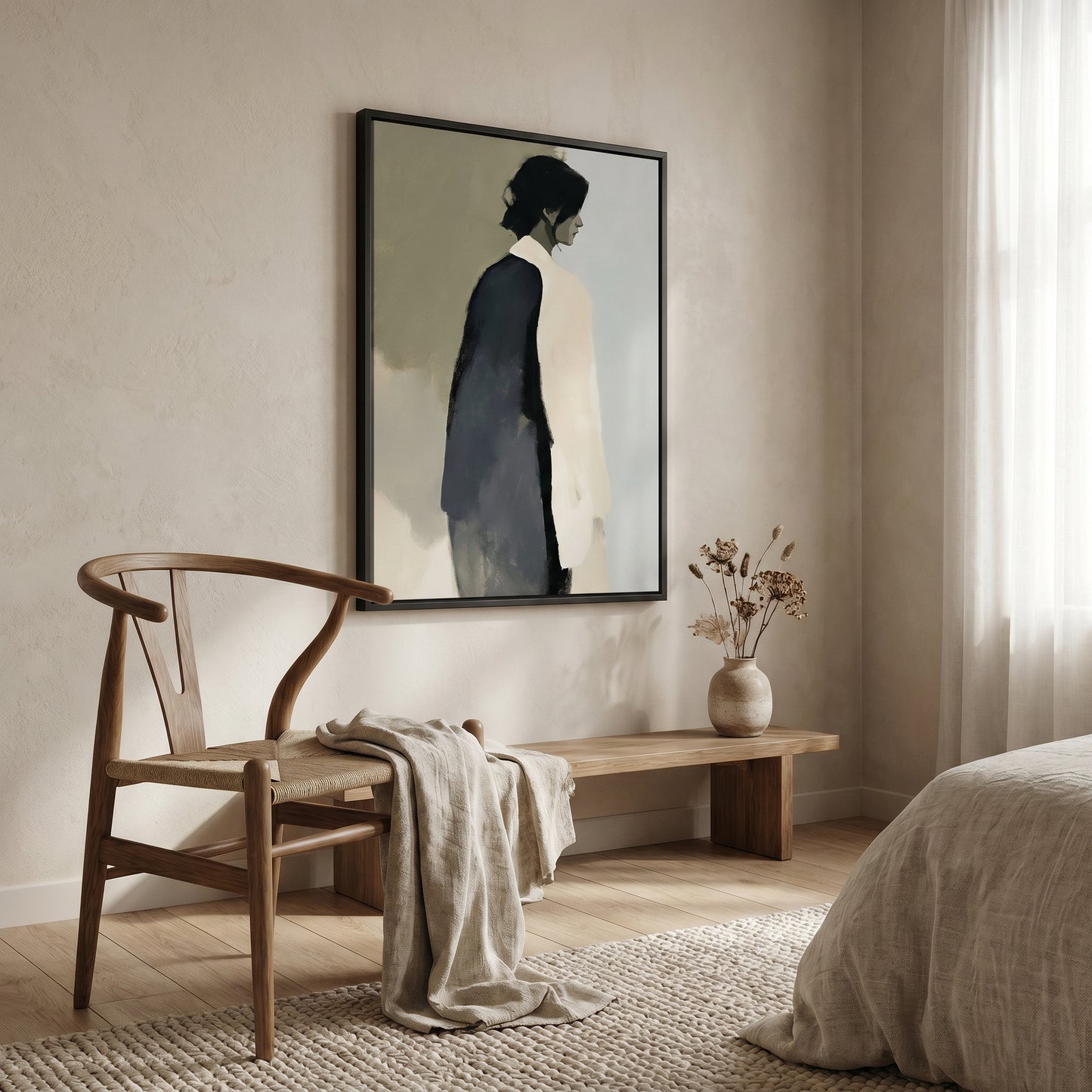 a serene and minimalist bedroom setting, featuring a wooden chair, a wooden bench, and a framed artwork of a person in a black and white outfit. The room has a neutral color palette, with a beige bed and a white curtain adding to the calm and soothing atmosphere.