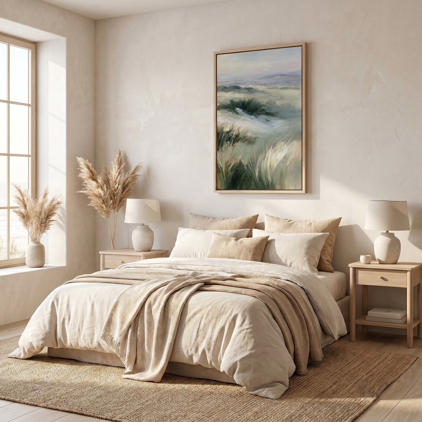 a serene and cozy bedroom with a large bed, a painting of a field, and a window overlooking the outdoors. The room has a neutral color palette, with beige and white tones creating a warm and inviting atmosphere.