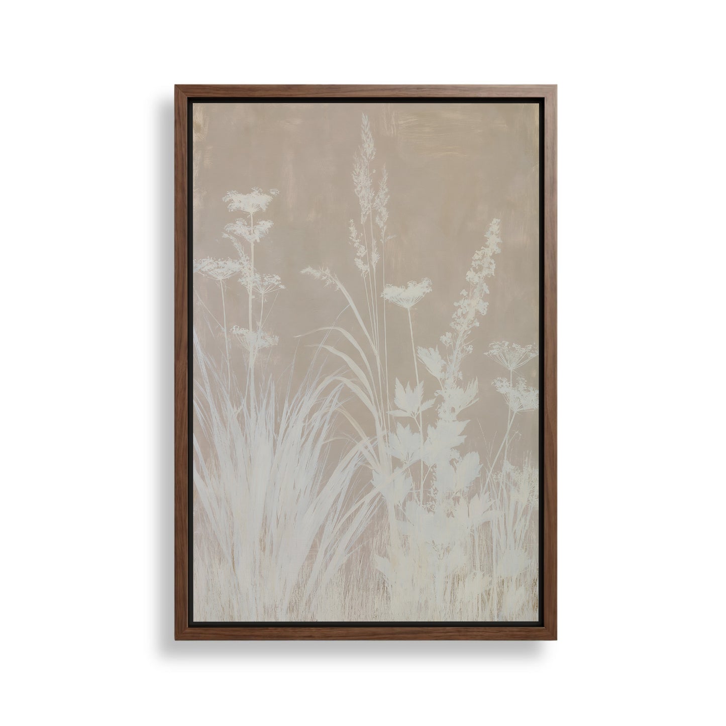 The image is a framed artwork depicting a serene landscape with tall grasses and delicate flowers.