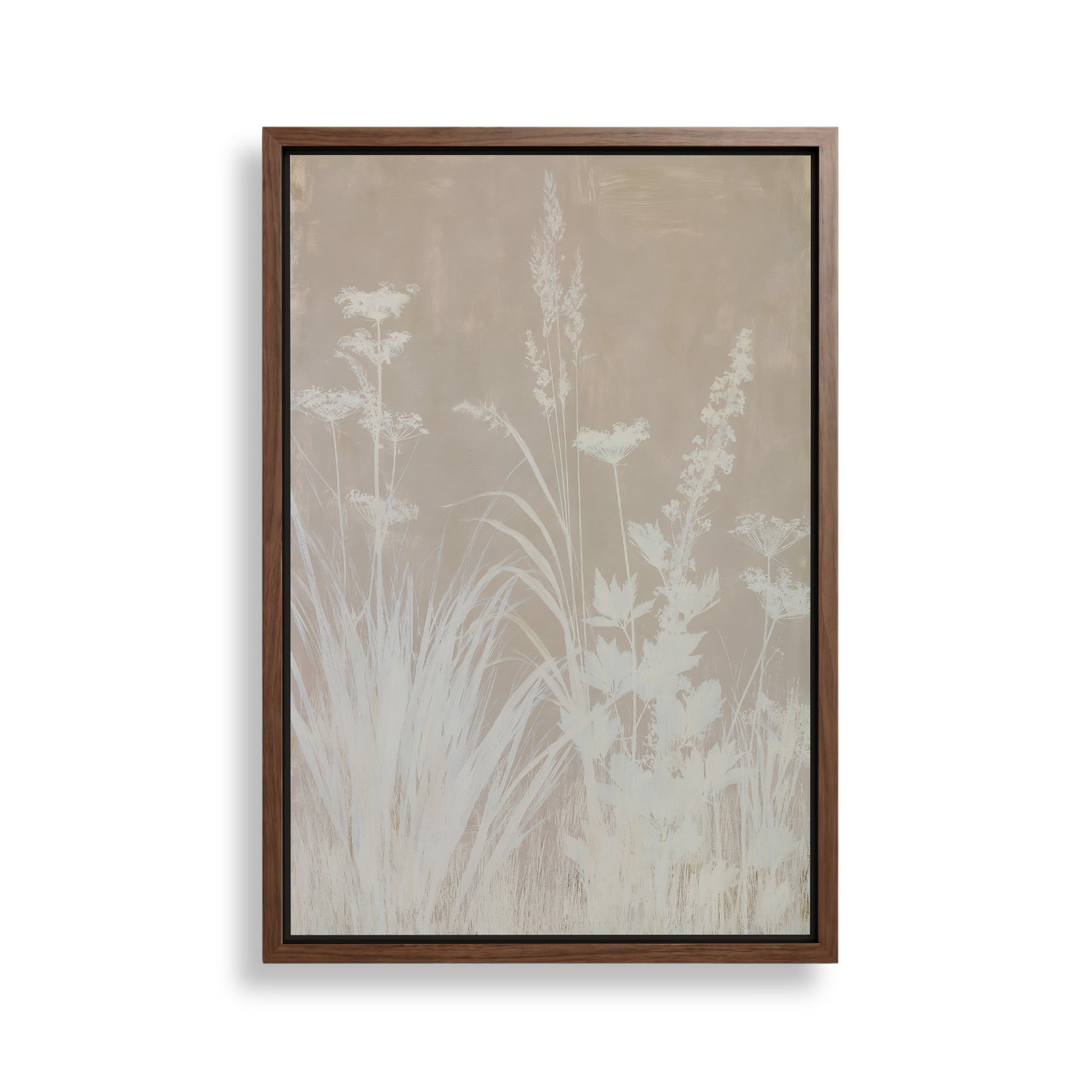 The image is a framed artwork depicting a serene landscape with tall grasses and delicate flowers.
