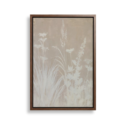 The image is a framed artwork depicting a serene landscape with tall grasses and delicate flowers.