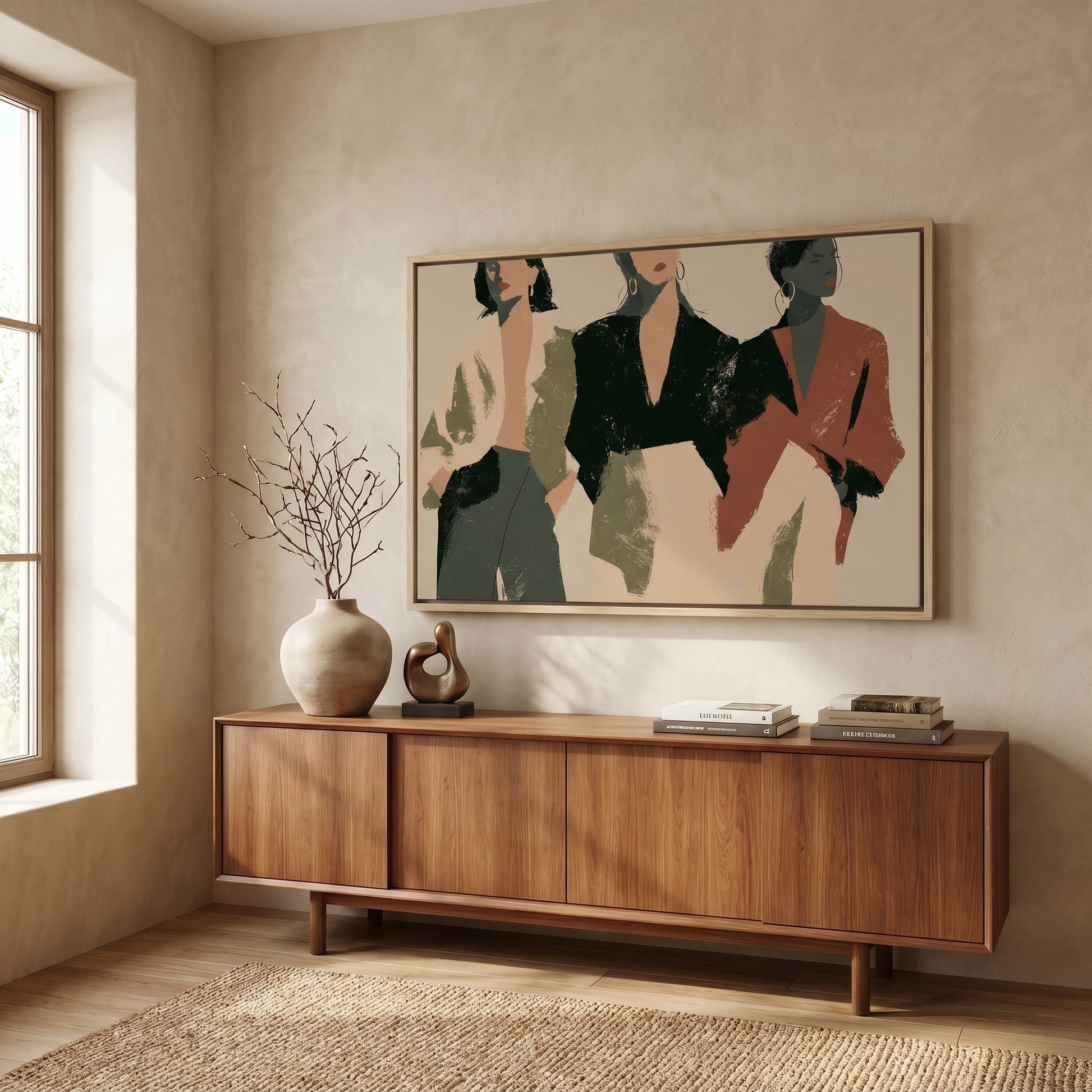 a wooden cabinet with a vase and a sculpture on top, and a framed abstract painting hanging on the wall above it.