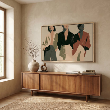 a wooden cabinet with a vase and a sculpture on top, and a framed abstract painting hanging on the wall above it.