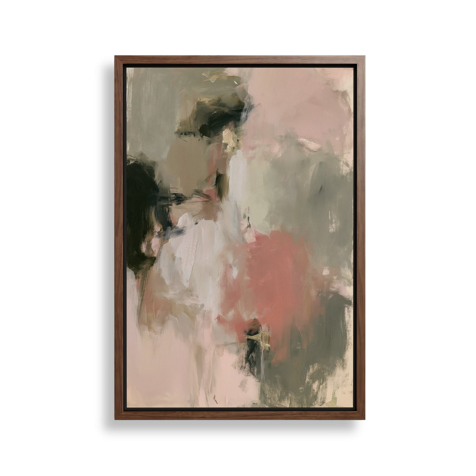 The image is an abstract painting with a mix of pink, green, and black colors.
