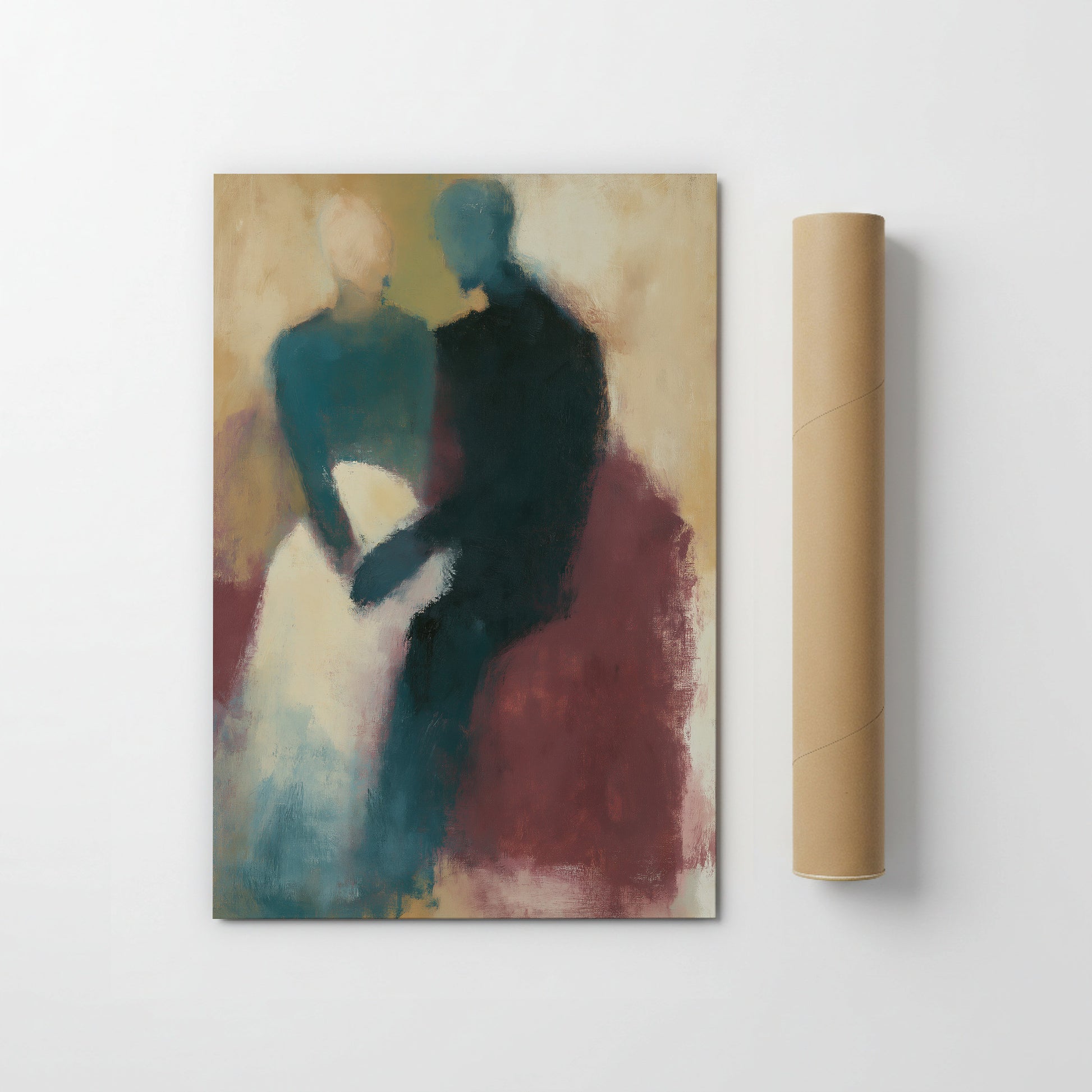 The image is an abstract painting featuring two figures, one in a blue dress and the other in a black suit, sitting together and holding hands.