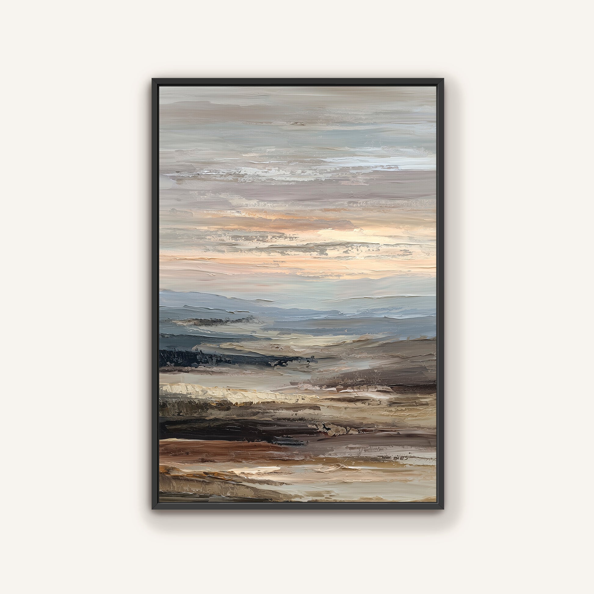 The image is a framed abstract landscape painting depicting a serene, natural scene with rolling hills, a body of water, and a cloudy sky.