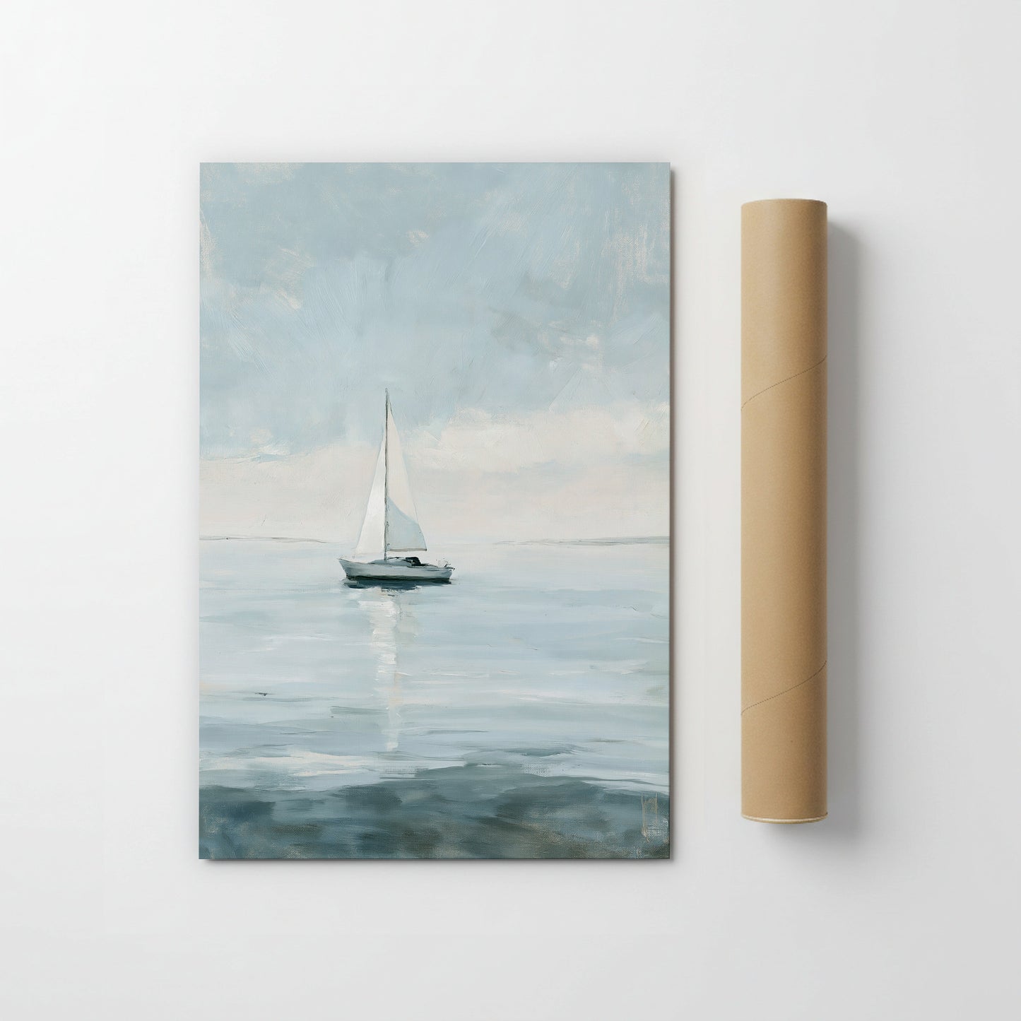 A painting of a sailboat on the water, with a light blue sky and clouds in the background.