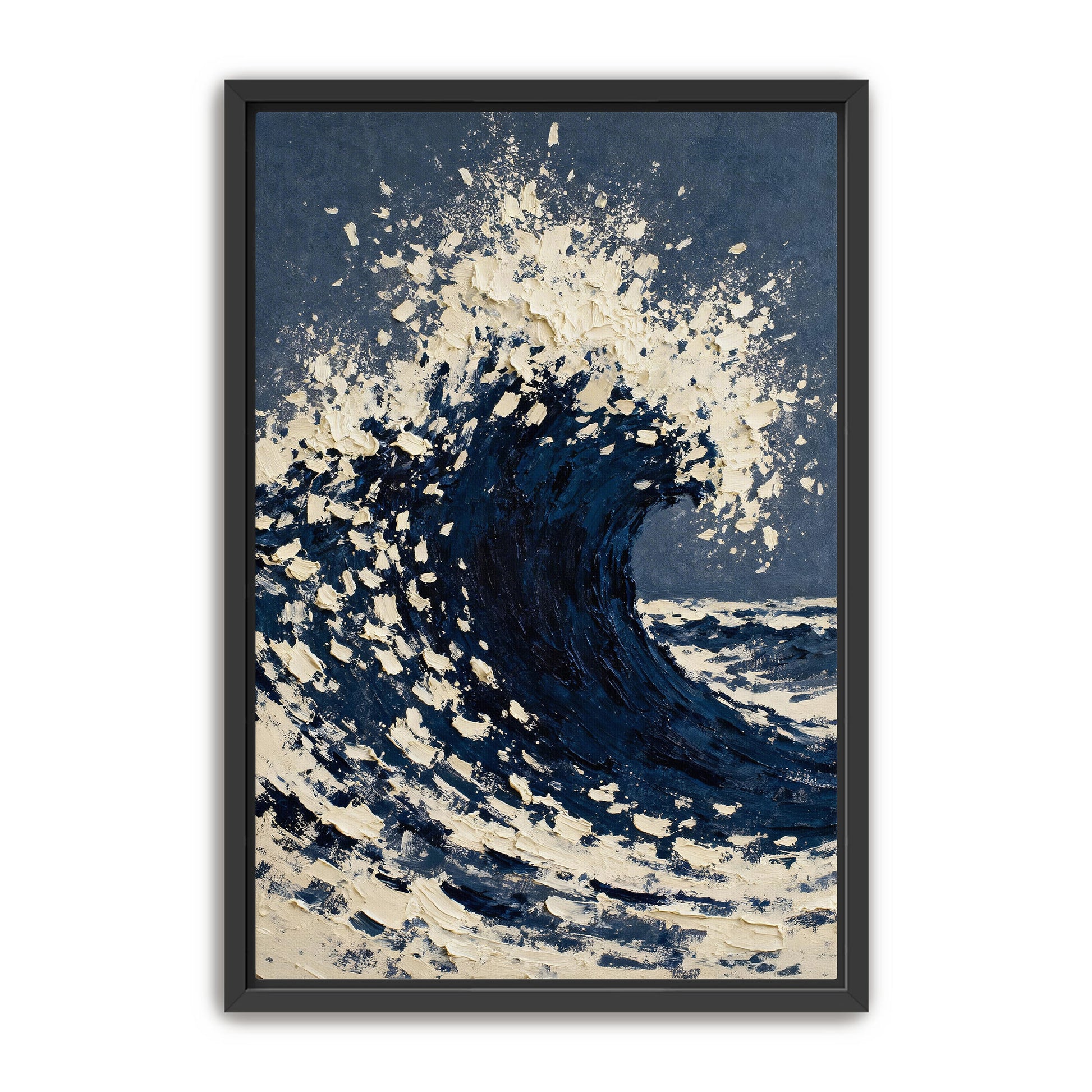 a large, powerful wave crashing against the shore, with the water and sky creating a dramatic and awe-inspiring scene.