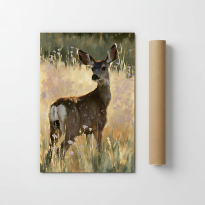 A deer standing in a field of tall grass and wildflowers.