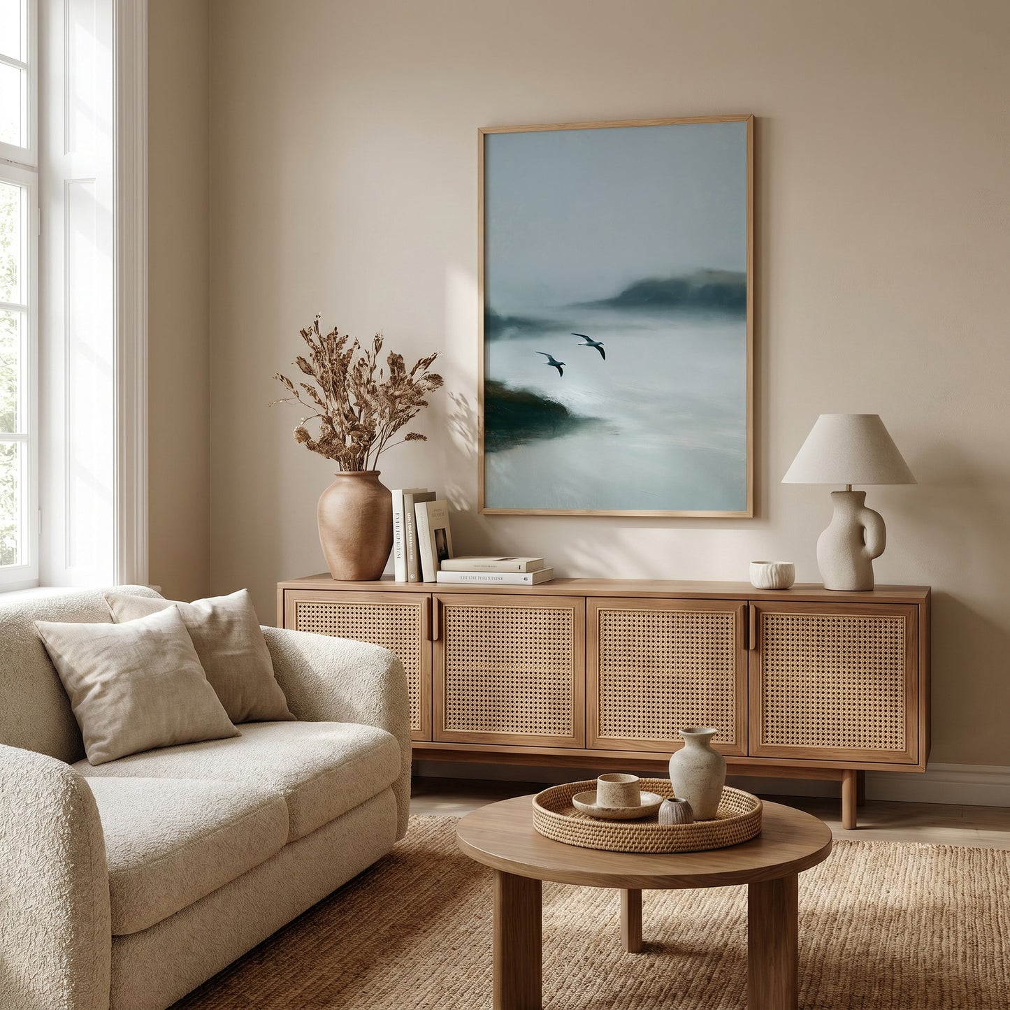 a serene living room with a large window, a beige sofa, a wooden sideboard, a coffee table, and a framed painting of a landscape with two birds in flight.