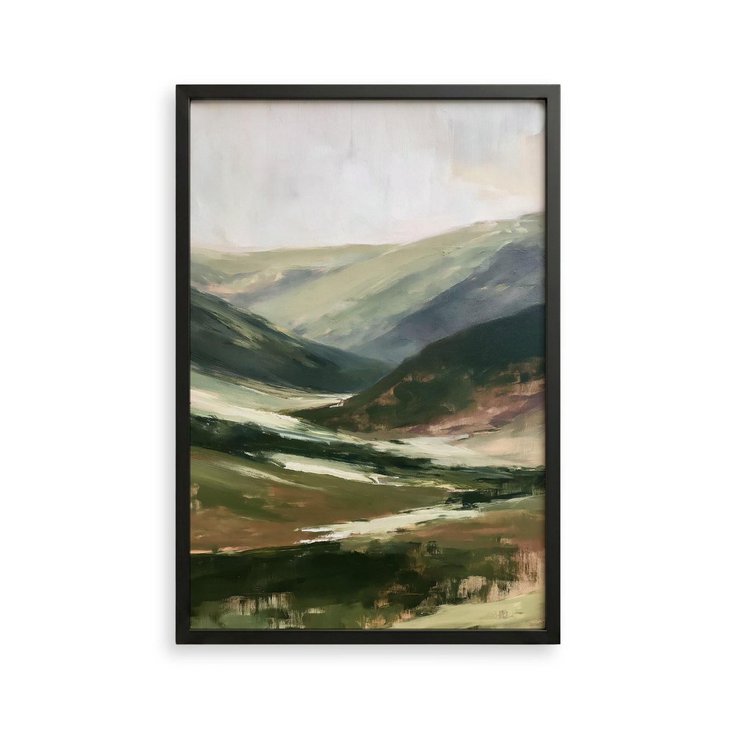 The image is a framed landscape painting depicting a mountainous, hilly terrain with a mix of green, brown, and gray colors.