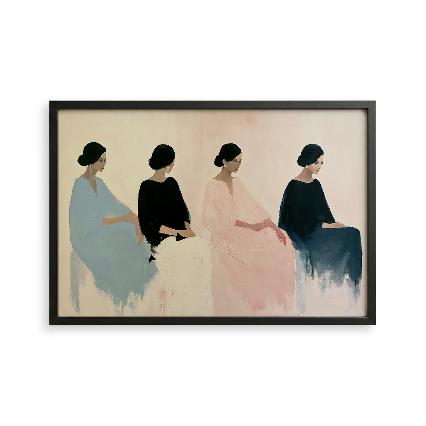 The image is a framed painting depicting four stylized female figures in various poses, arranged in a row.