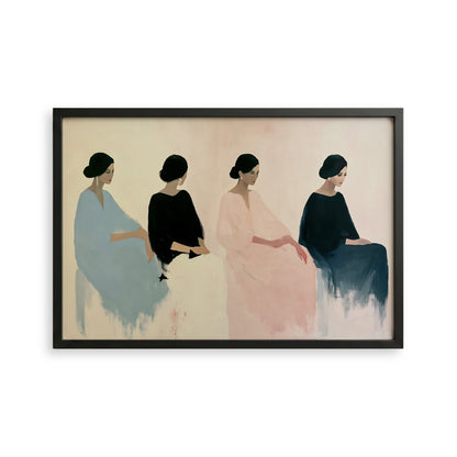 The image is a framed painting depicting four stylized female figures in various poses, arranged in a row.
