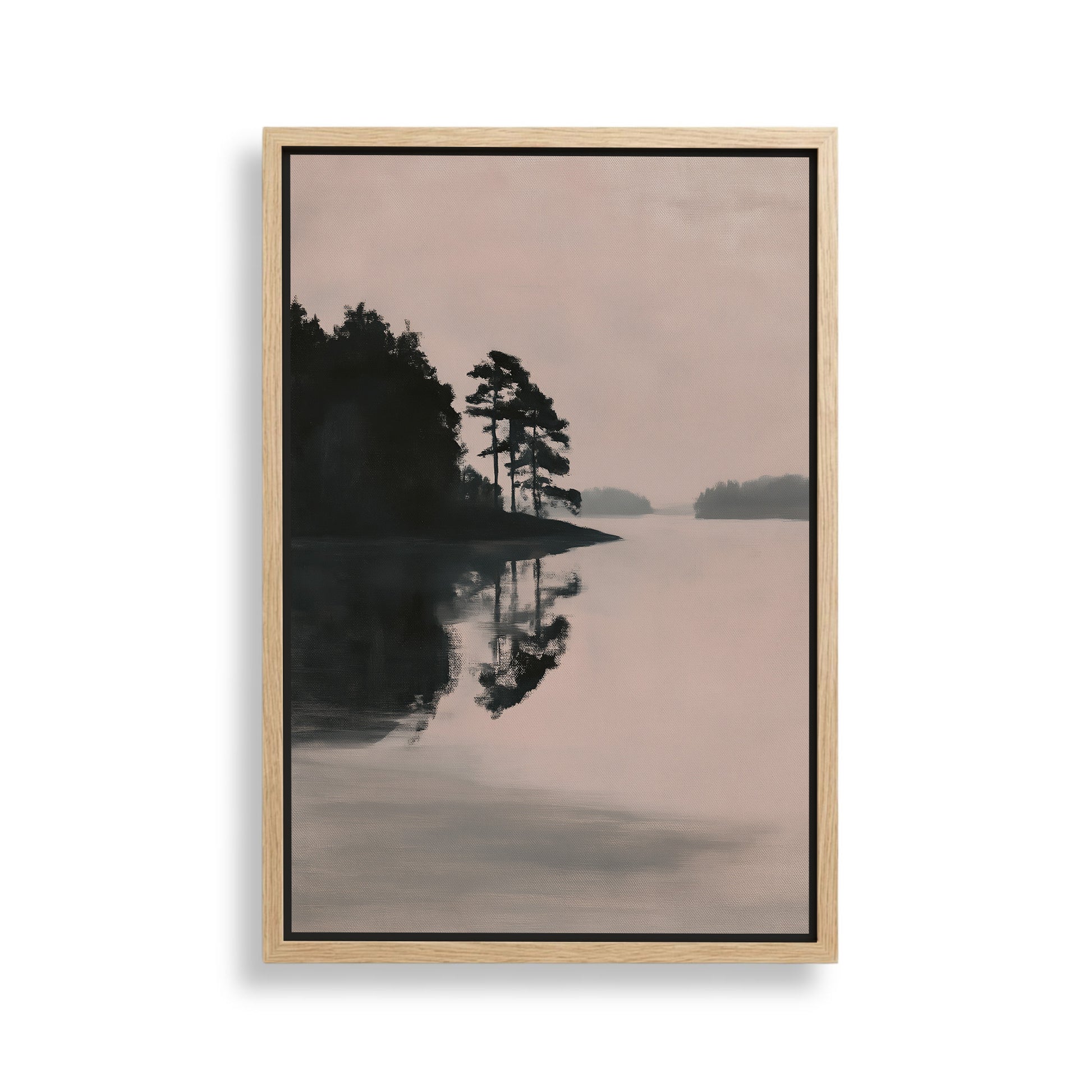 a serene landscape with a lake, trees, and a cloudy sky reflected in the water.