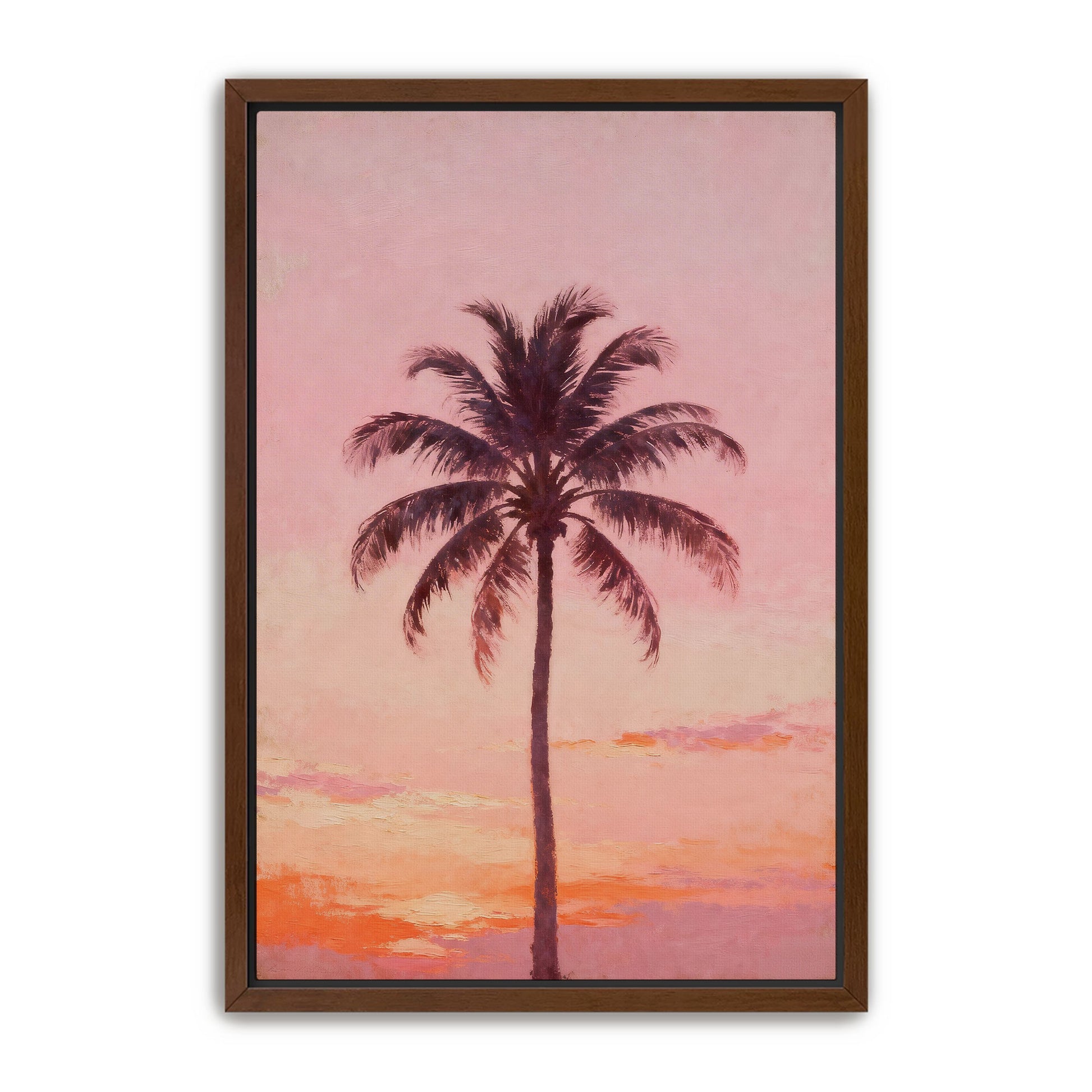A framed painting depicting a tall palm tree against a sunset sky.