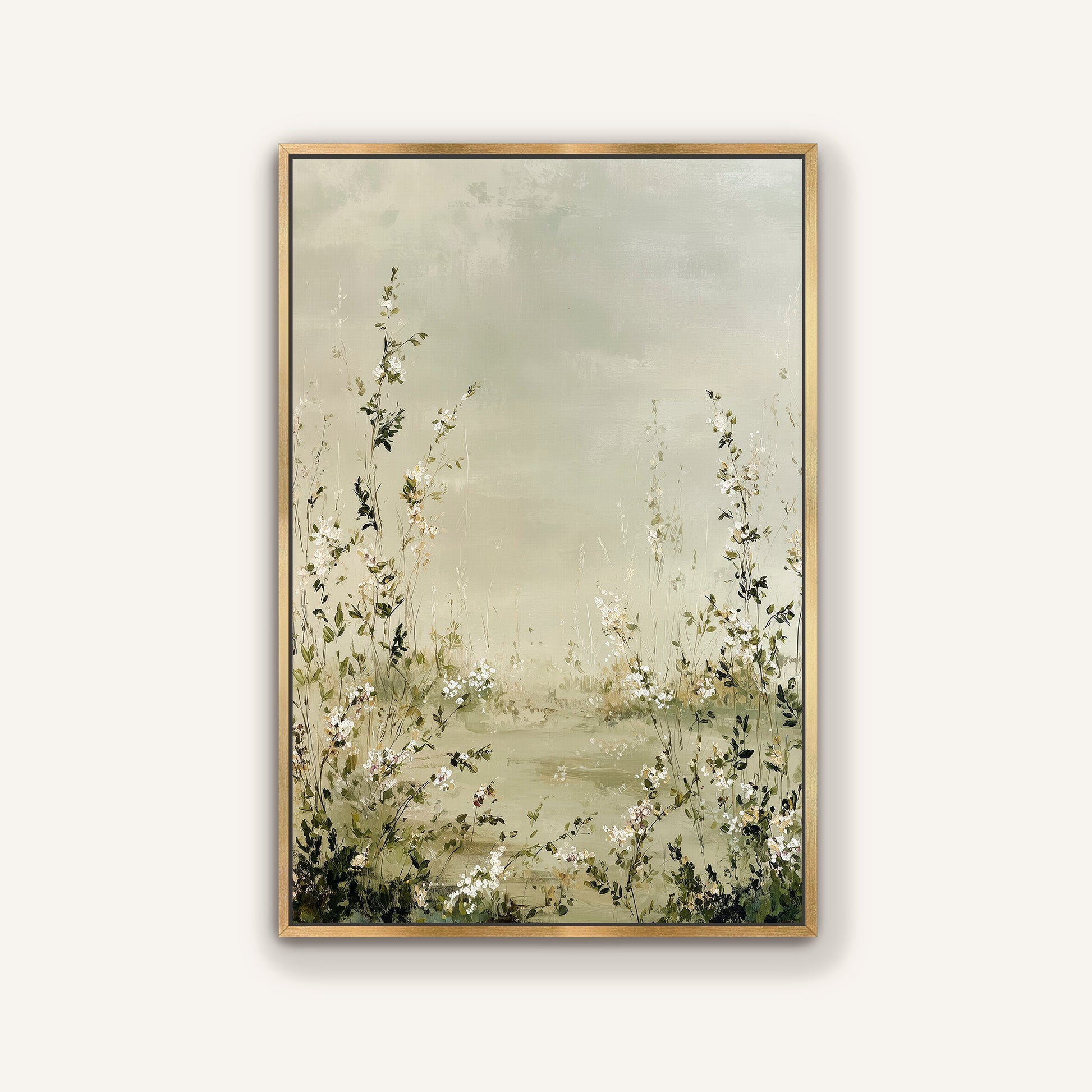 The image is a framed painting depicting a serene landscape with tall grasses and delicate white flowers.