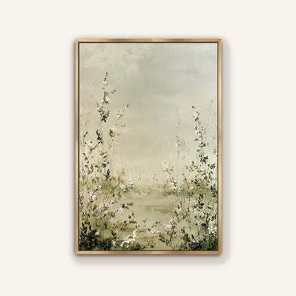 The image is a framed painting depicting a serene landscape with tall grasses and delicate white flowers.