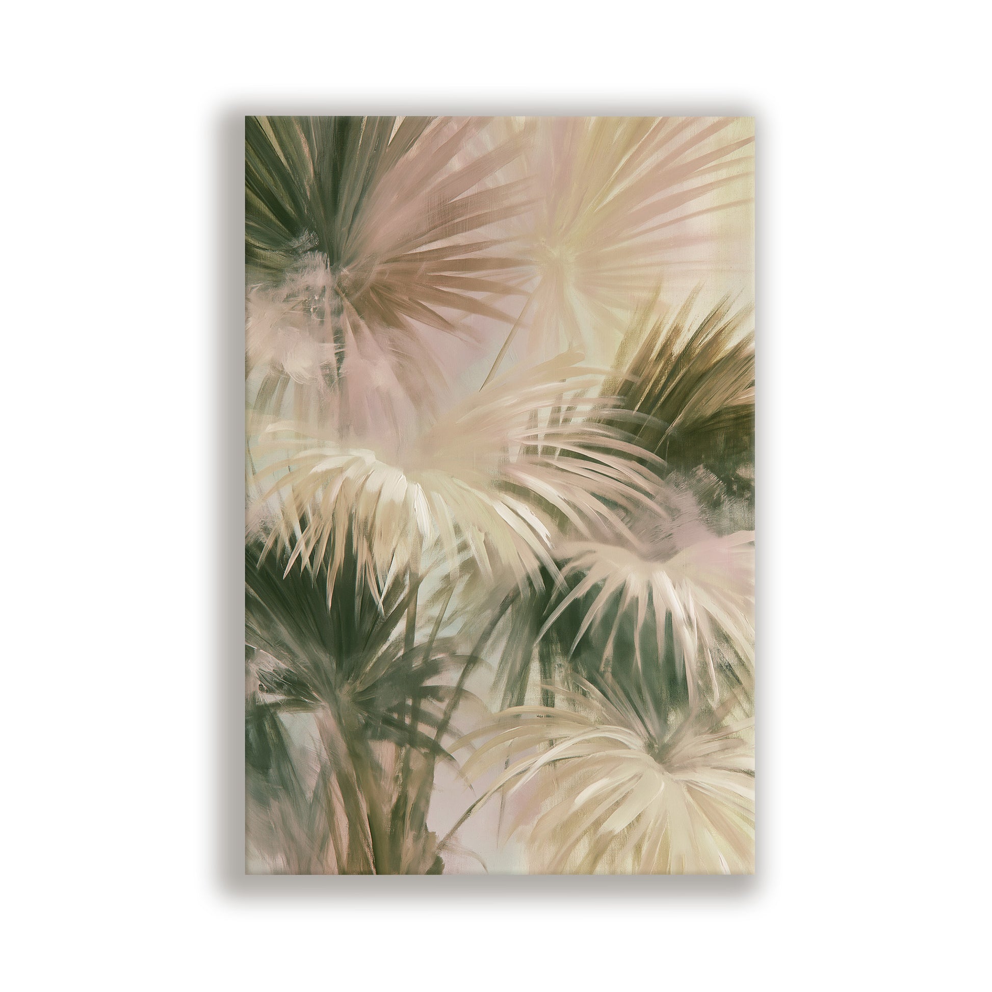 The image is a painting or collage of palm leaves in various shades of green and beige, creating a lush and tropical atmosphere.