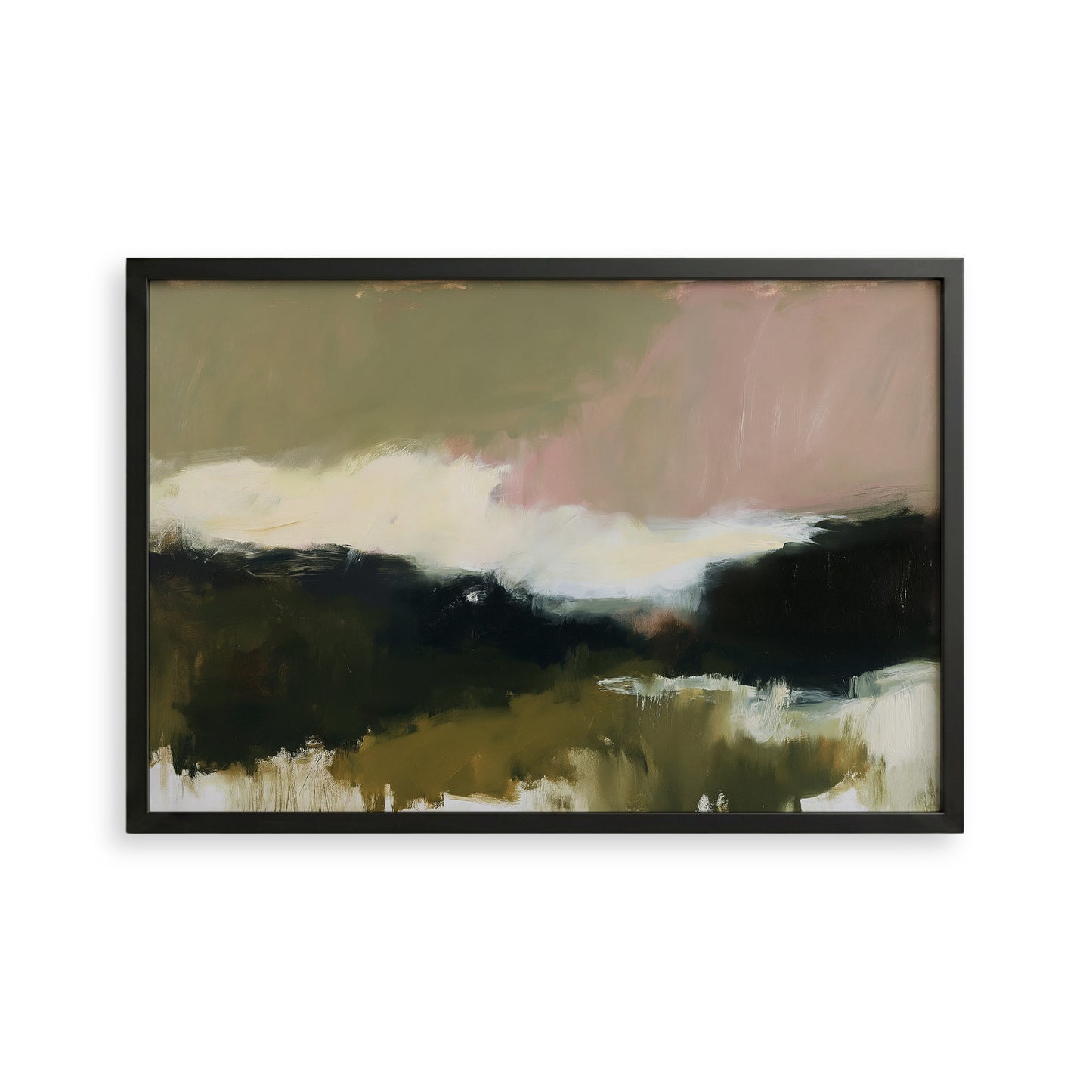 The image is an abstract landscape painting with a predominantly green and brown color palette, featuring a cloudy sky and a grassy field.