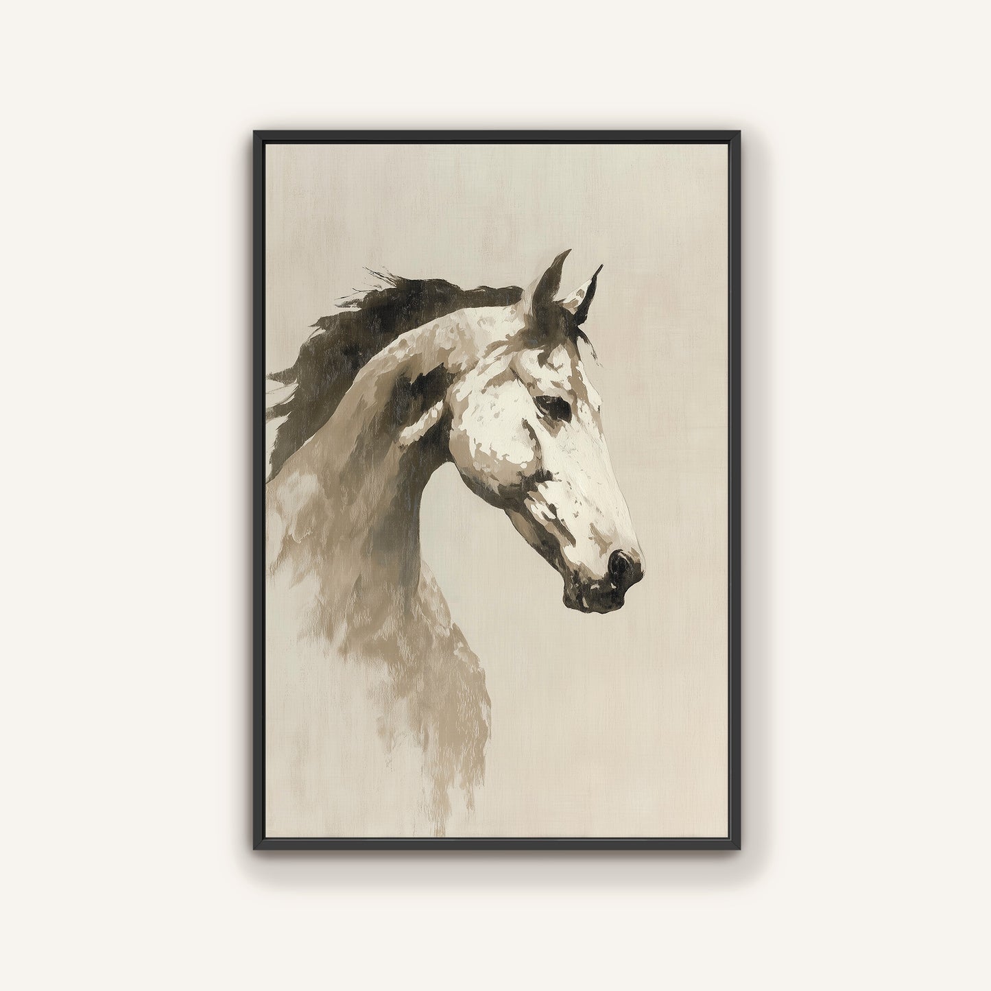 The image is a black and white portrait of a horse, with a simple and elegant composition.