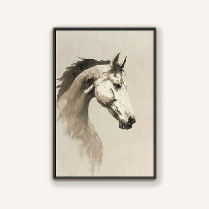 The image is a black and white portrait of a horse, with a simple and elegant composition.