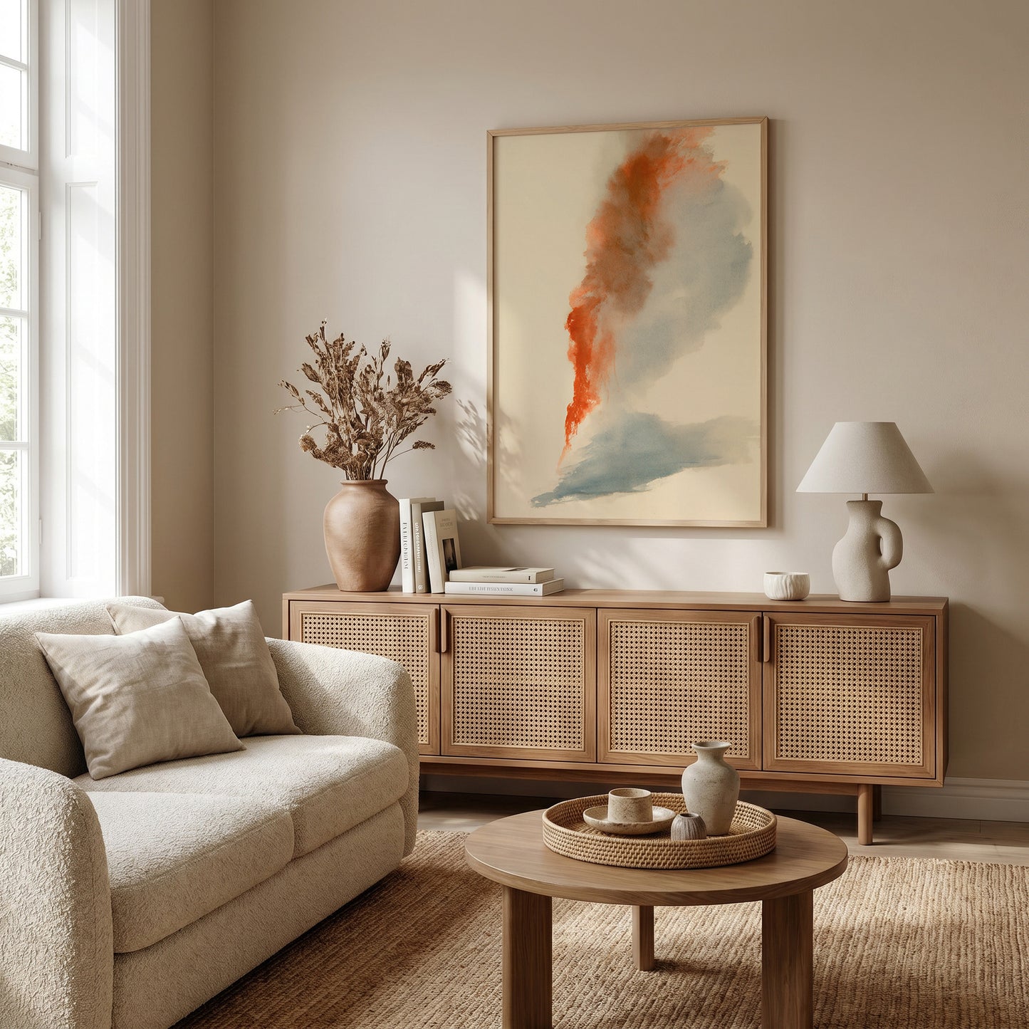 a cozy living room with a beige sofa, a wooden sideboard, and a large abstract painting on the wall.