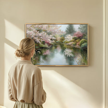 A woman stands in front of a painting, gazing at the serene landscape depicted in the artwork.