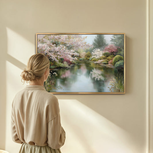 A woman stands in front of a painting, gazing at the serene landscape depicted in the artwork.