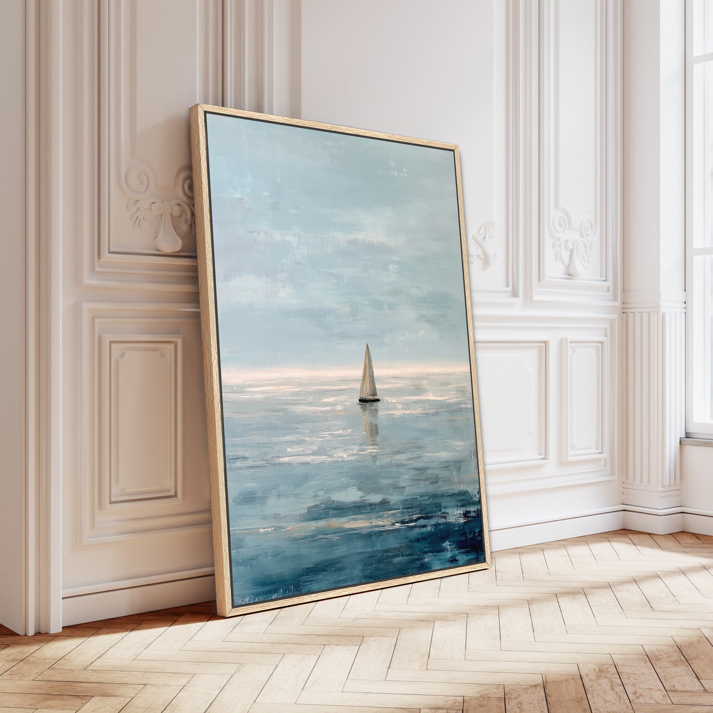 A large framed painting depicting a sailboat on the ocean, with a serene and peaceful atmosphere.