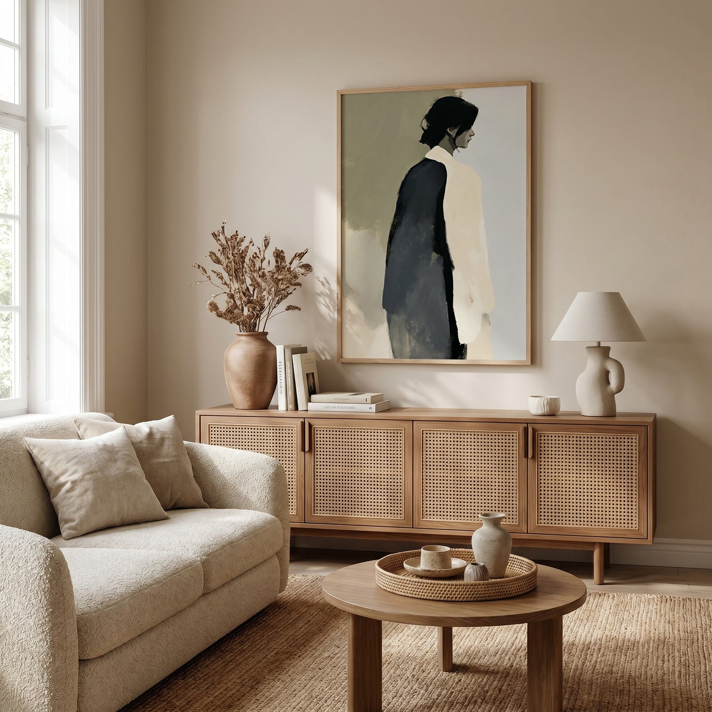 a cozy living room with a beige sofa, a wooden sideboard, and a framed artwork of a woman in a black and white outfit. The room has a neutral color palette and features a large window, a lamp, and a vase with dried flowers.
