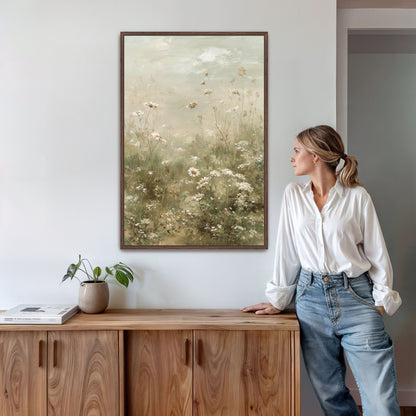 A woman in a white blouse and blue jeans stands next to a wooden cabinet, leaning against it and looking to the side. Above her, a framed painting of a field of flowers hangs on the wall.