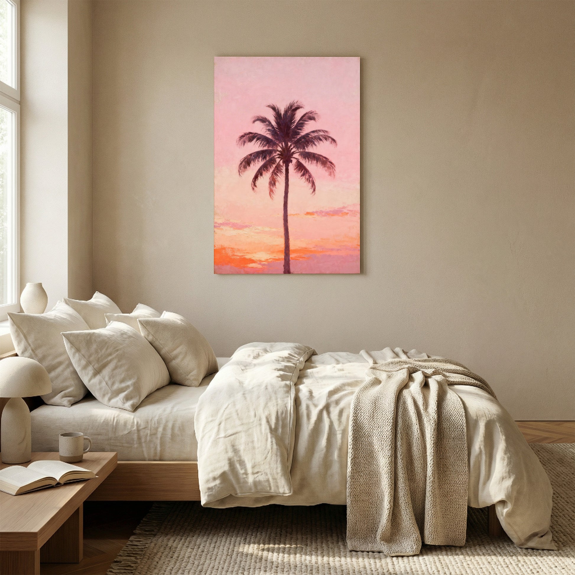 a serene bedroom scene with a large bed, a nightstand, and a painting of a palm tree on the wall.