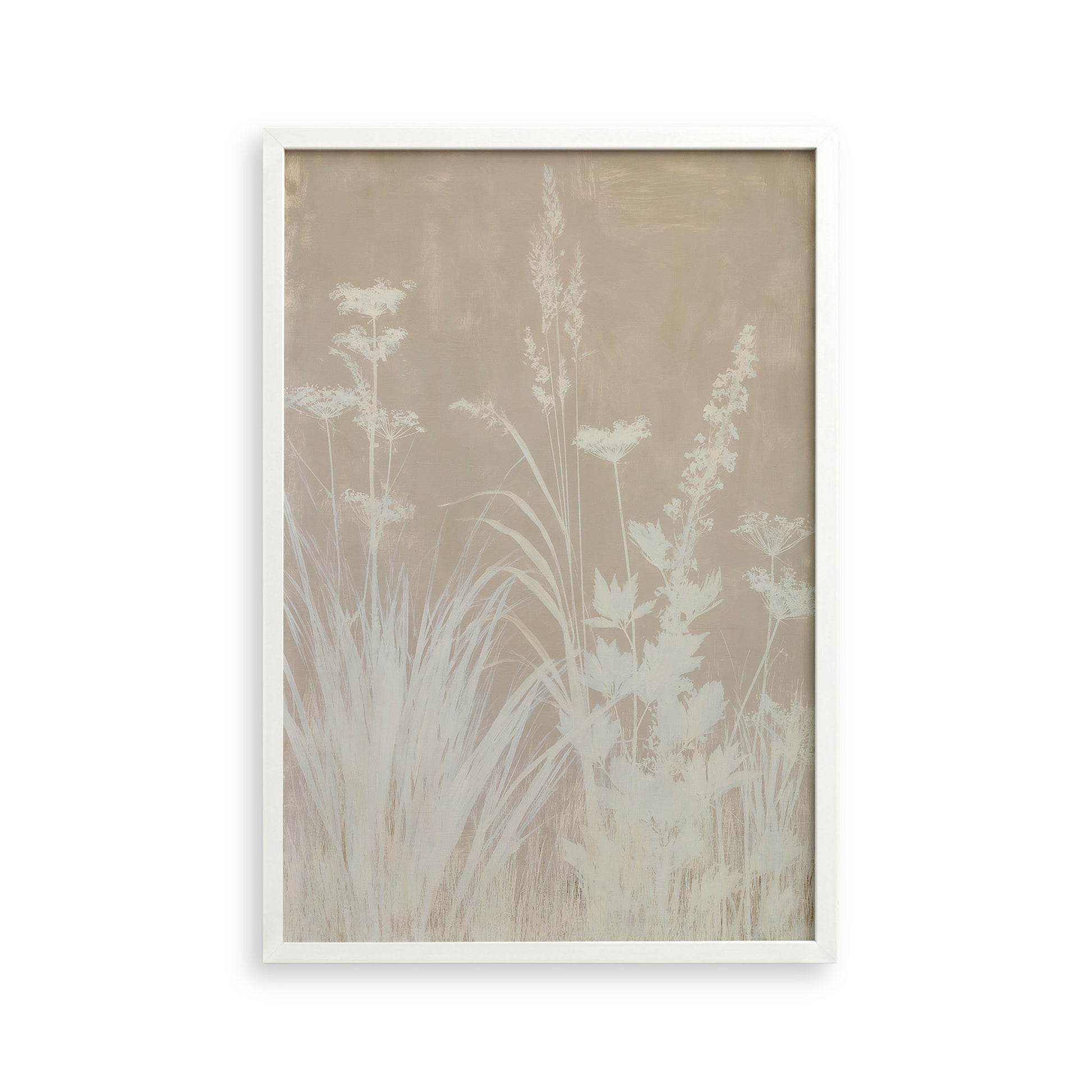 The image is a framed artwork depicting a serene landscape with tall grasses and delicate flowers.