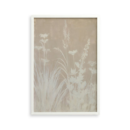The image is a framed artwork depicting a serene landscape with tall grasses and delicate flowers.