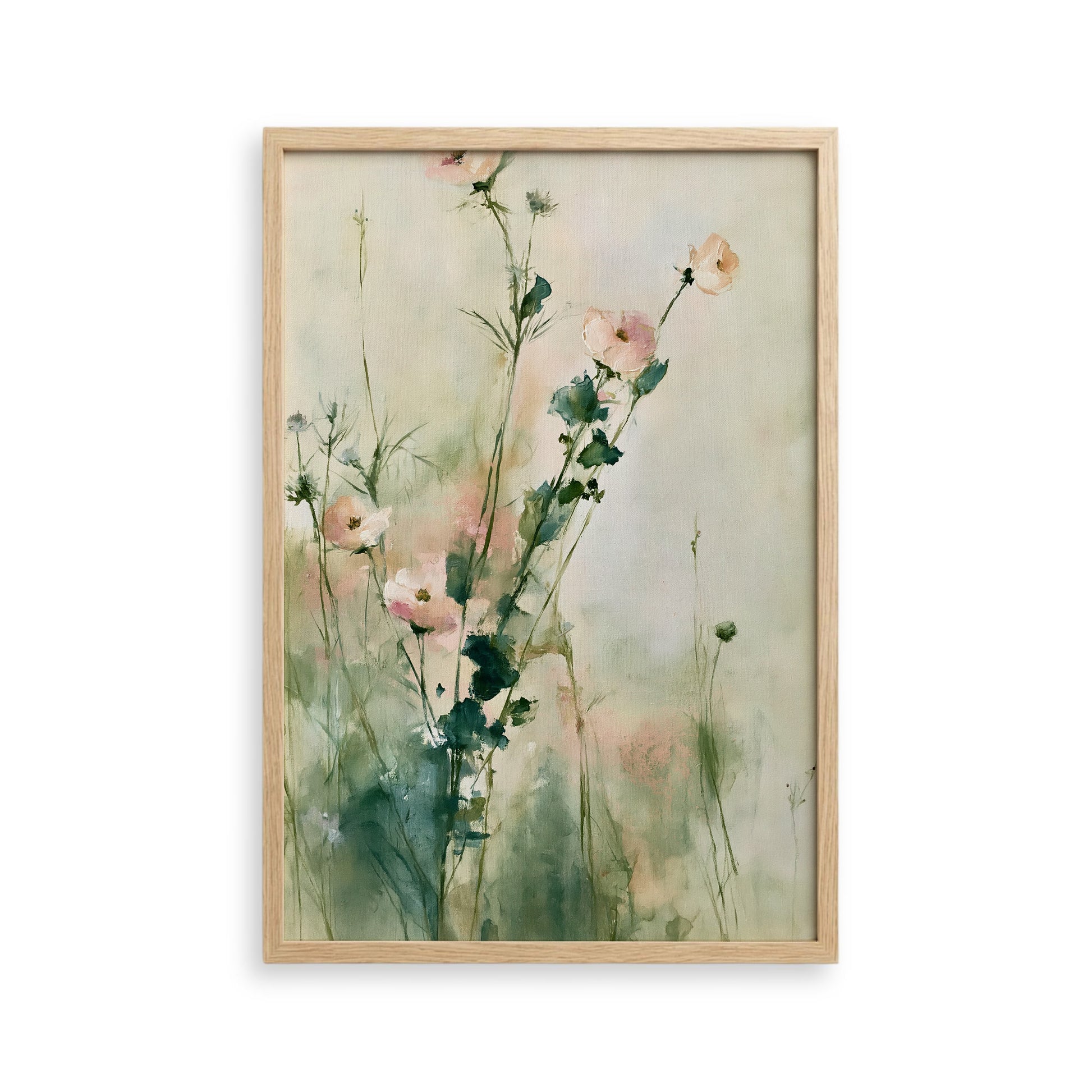 The image is a framed painting depicting a field of pink flowers with green stems and leaves.