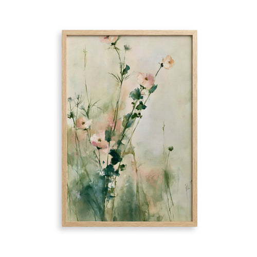 The image is a framed painting depicting a field of pink flowers with green stems and leaves.