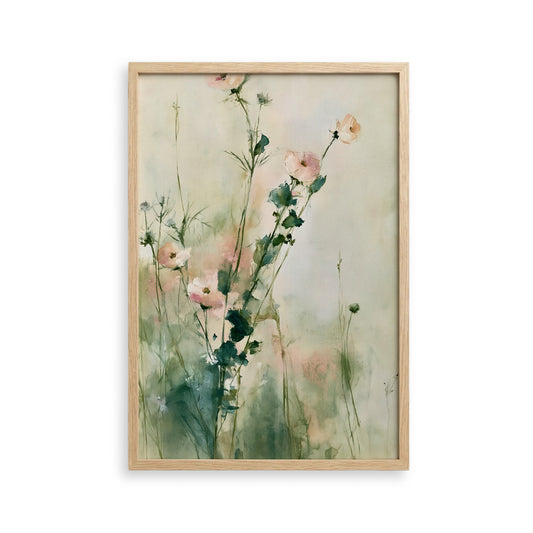 The image is a framed painting depicting a field of pink flowers with green stems and leaves.