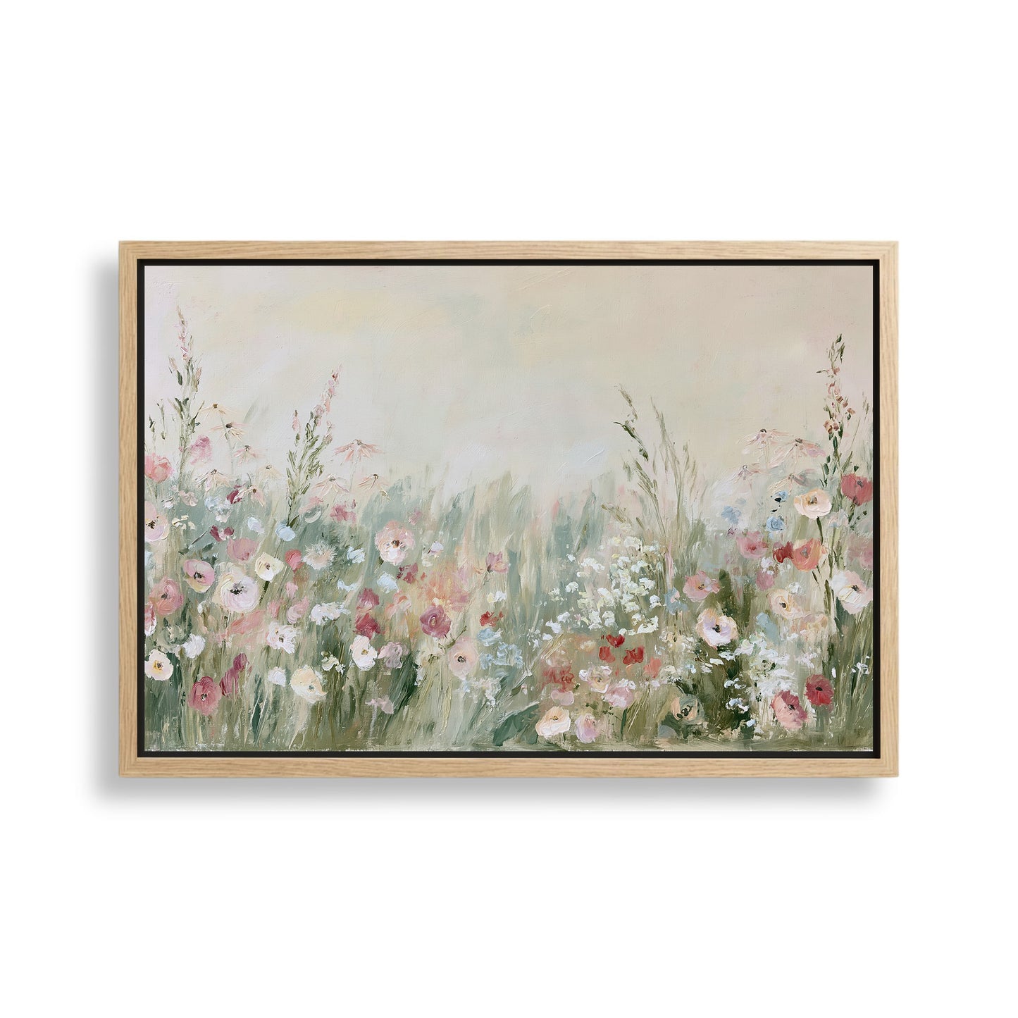 The image is a painting of a field filled with colorful flowers, including pink, white, and green blooms.