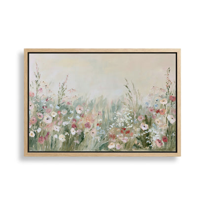 The image is a painting of a field filled with colorful flowers, including pink, white, and green blooms.