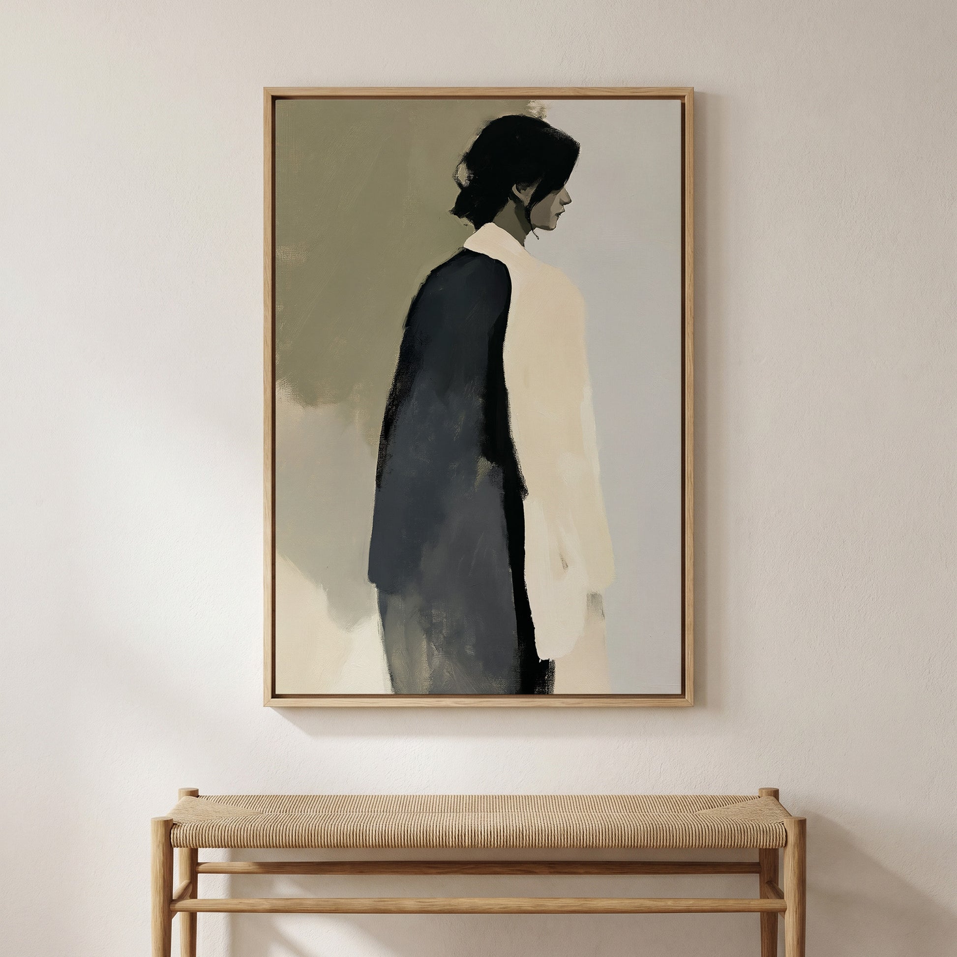 a framed painting of a person in a black and white outfit, hanging on a wall above a wooden bench.