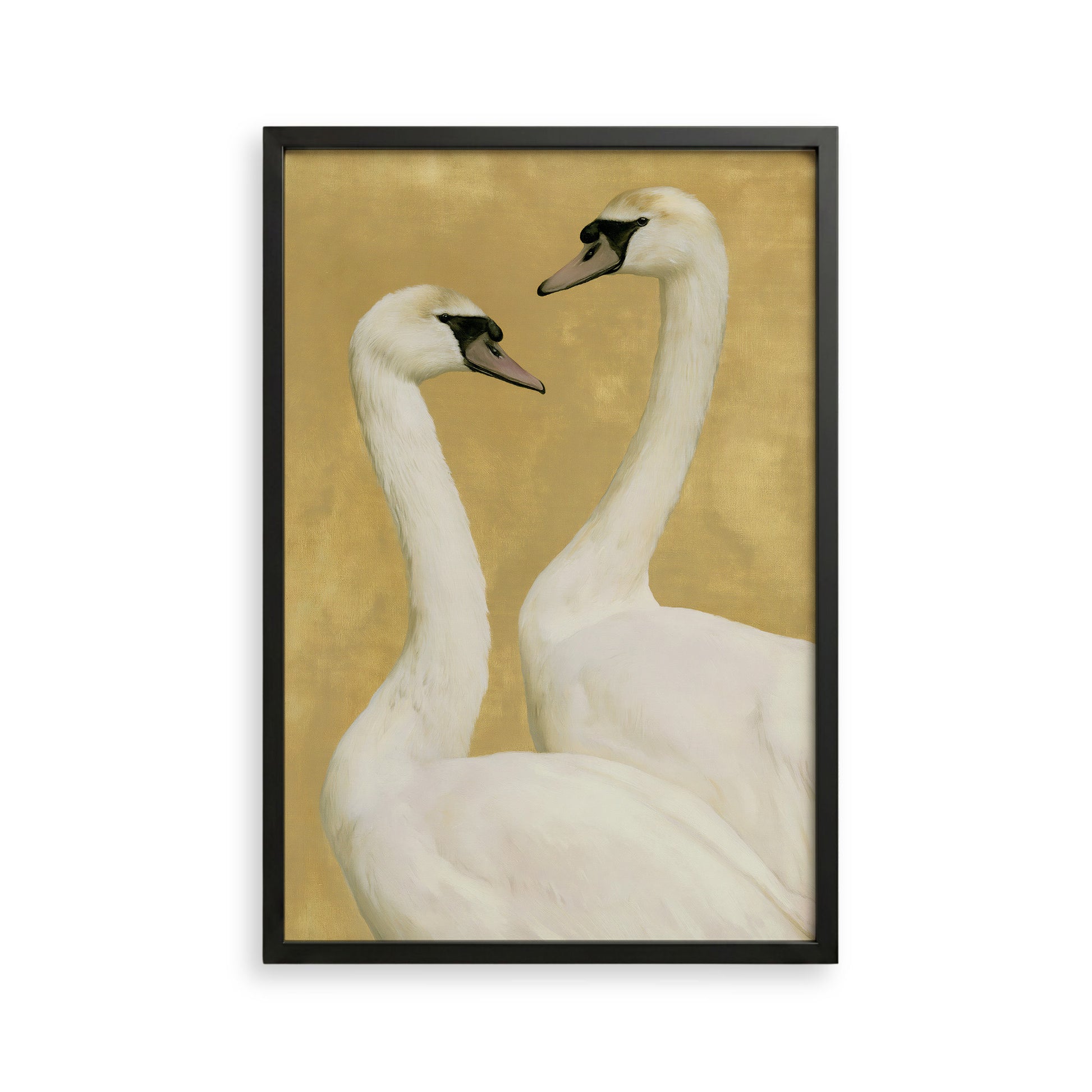 Two elegant white swans with black beaks and necks are depicted in a framed artwork against a golden background.