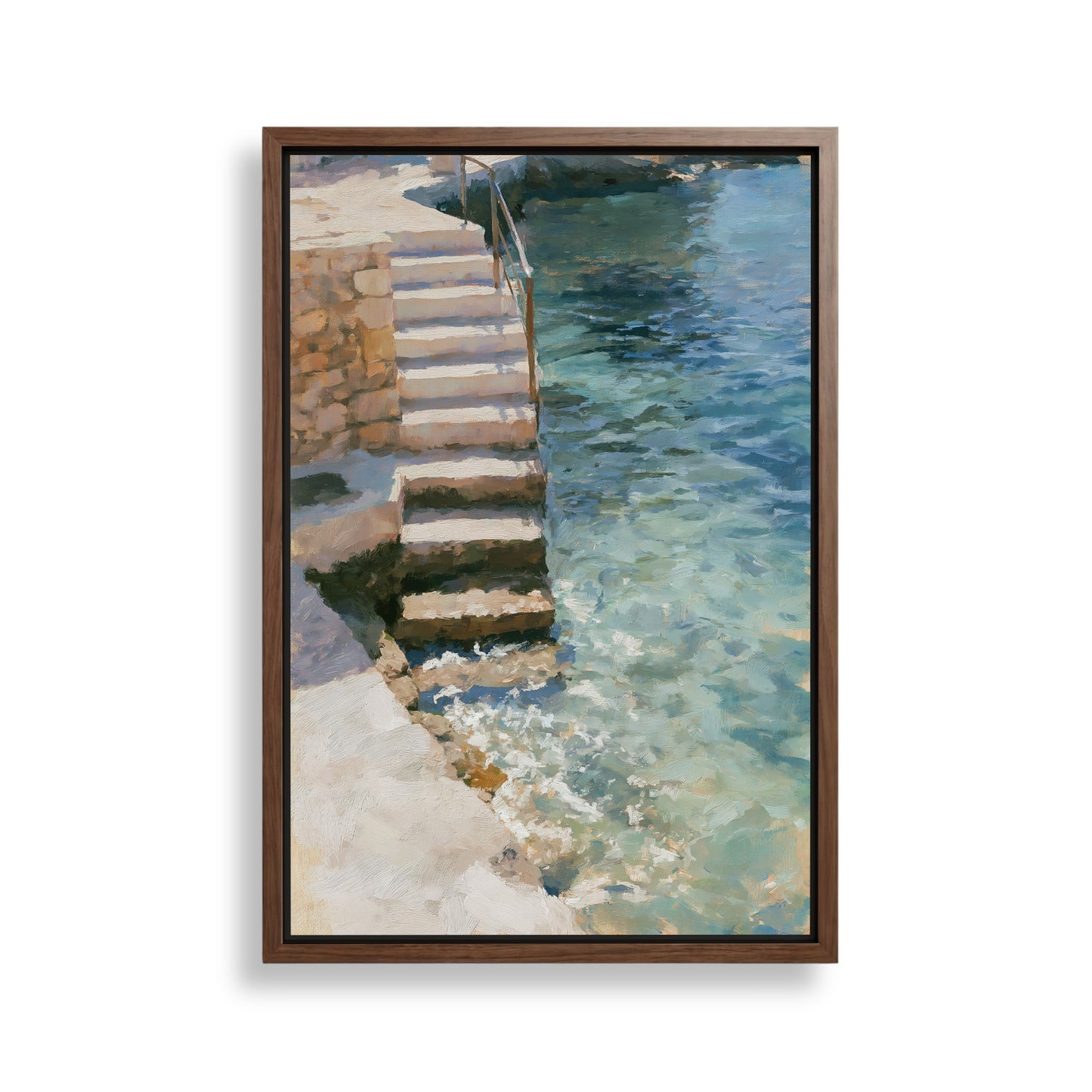a set of stairs leading down to a body of water, with the water appearing to be a light blue color.