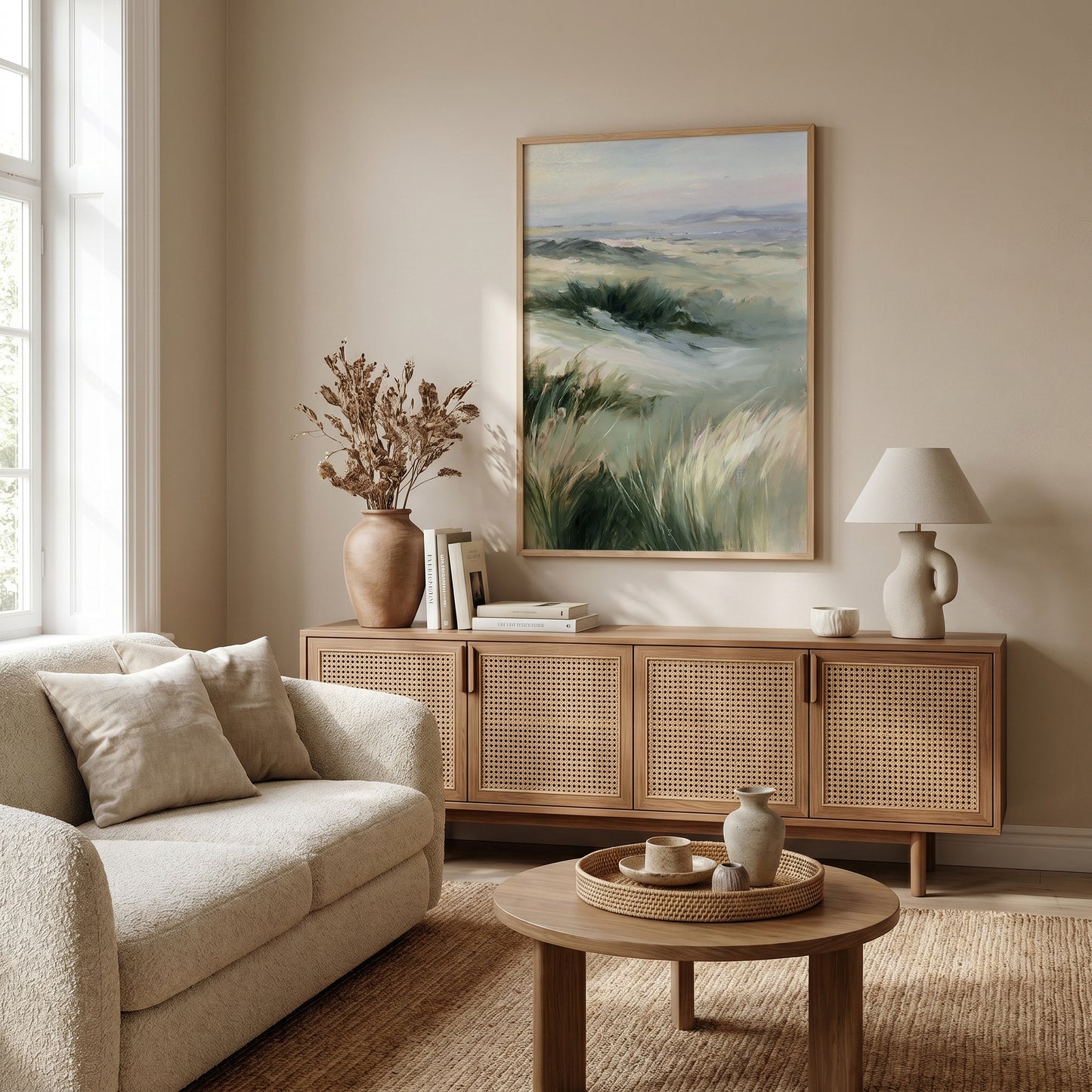 a cozy living room with a large painting of a field of grass hanging on the wall. The room is furnished with a beige sofa, a wooden sideboard, and a round coffee table. The room is decorated with various items, including a vase, a lamp, and a book, creating a warm and inviting atmosphere.