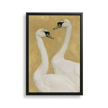 Two elegant white swans with long necks and black beaks are depicted in a framed artwork against a golden background.